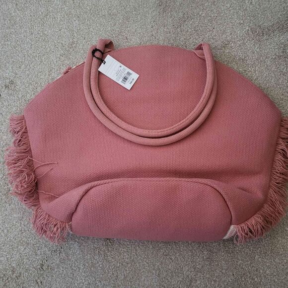 Shade & Shore Pink Beige Woven Fringe Tote Bag Boho Beach Travel Shoulder Purse - Picture 3 of 5
